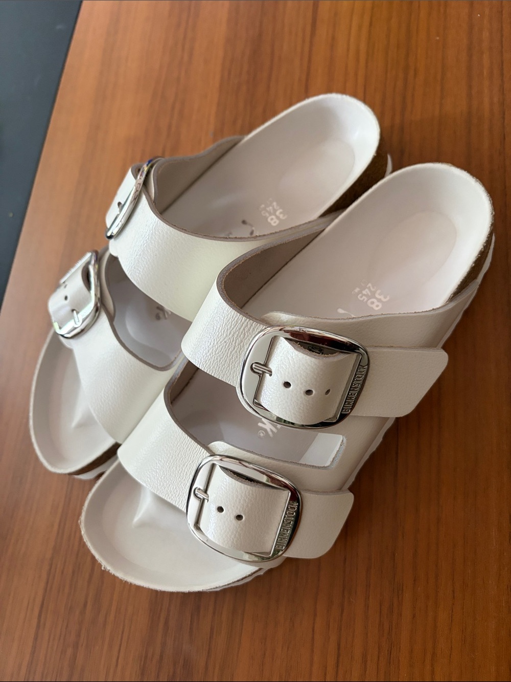 Birkenstock White Double-Strap Slide Sandals with Silver Buckles
